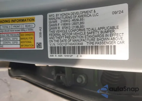 2025 Honda Accord Hybrid Sport-L из США, поврежденный, VIN 1HGCY2F74SA003648